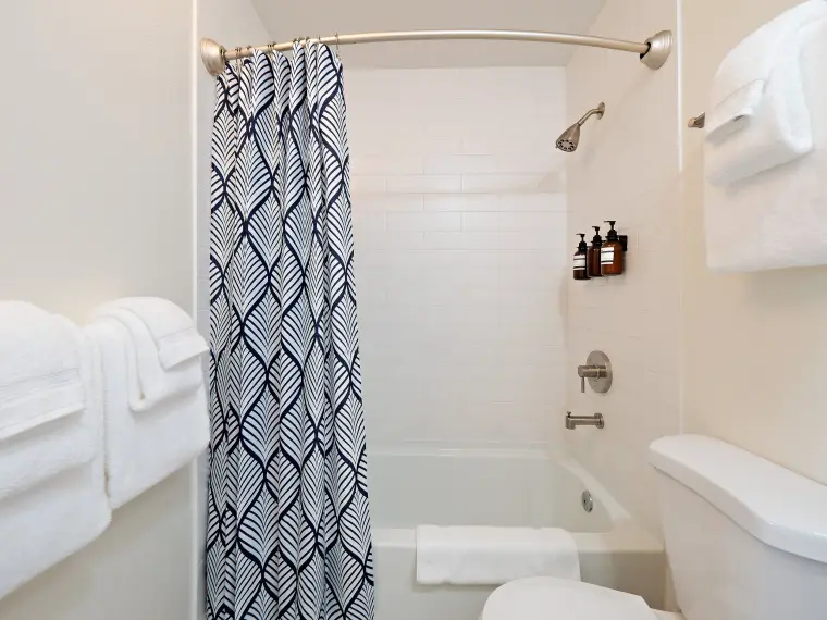 Bathroom with tub-shower combo and patterned curtain