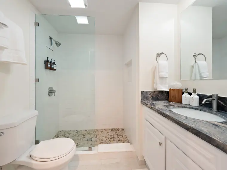 Walk-in shower with glass door, pebble floor, and granite vanity