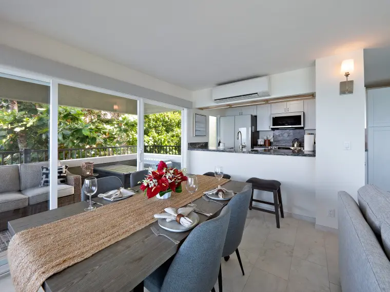 Dining table with kitchen and garden-side lanai